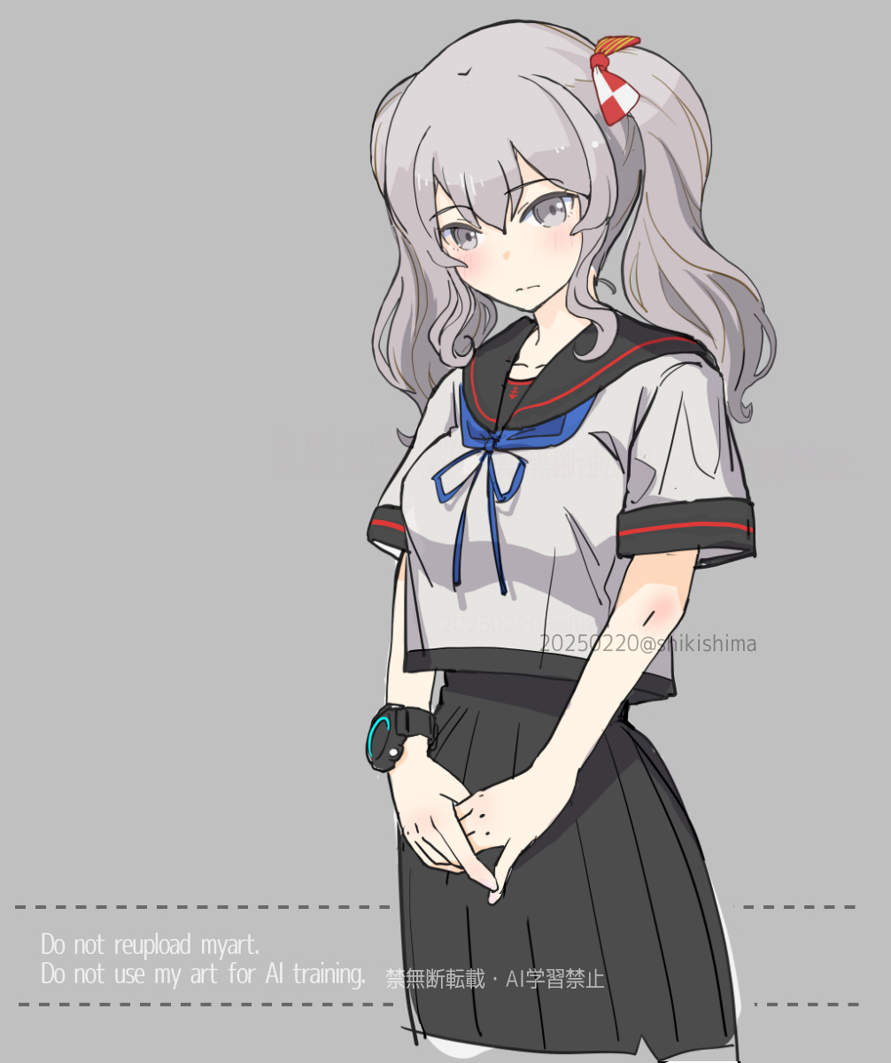 1girl, black_sailor_collar, black_skirt, blue_neckerchief, commentary_request, cosplay, cowboy_shot, fubuki_(kancolle)