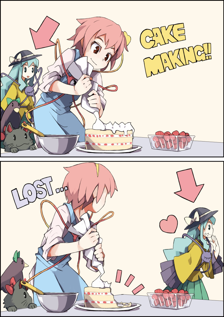 2girls, :3, :t, absurdres, alternate_hairstyle, aqua_eyes, aqua_hair, cake