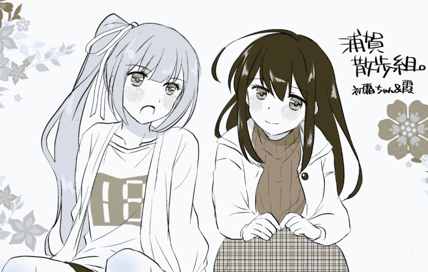 2girls, ahoge, alternate_costume, commentary_request, decal, greyscale, hair_ribbon, hatsushimo_(kancolle)