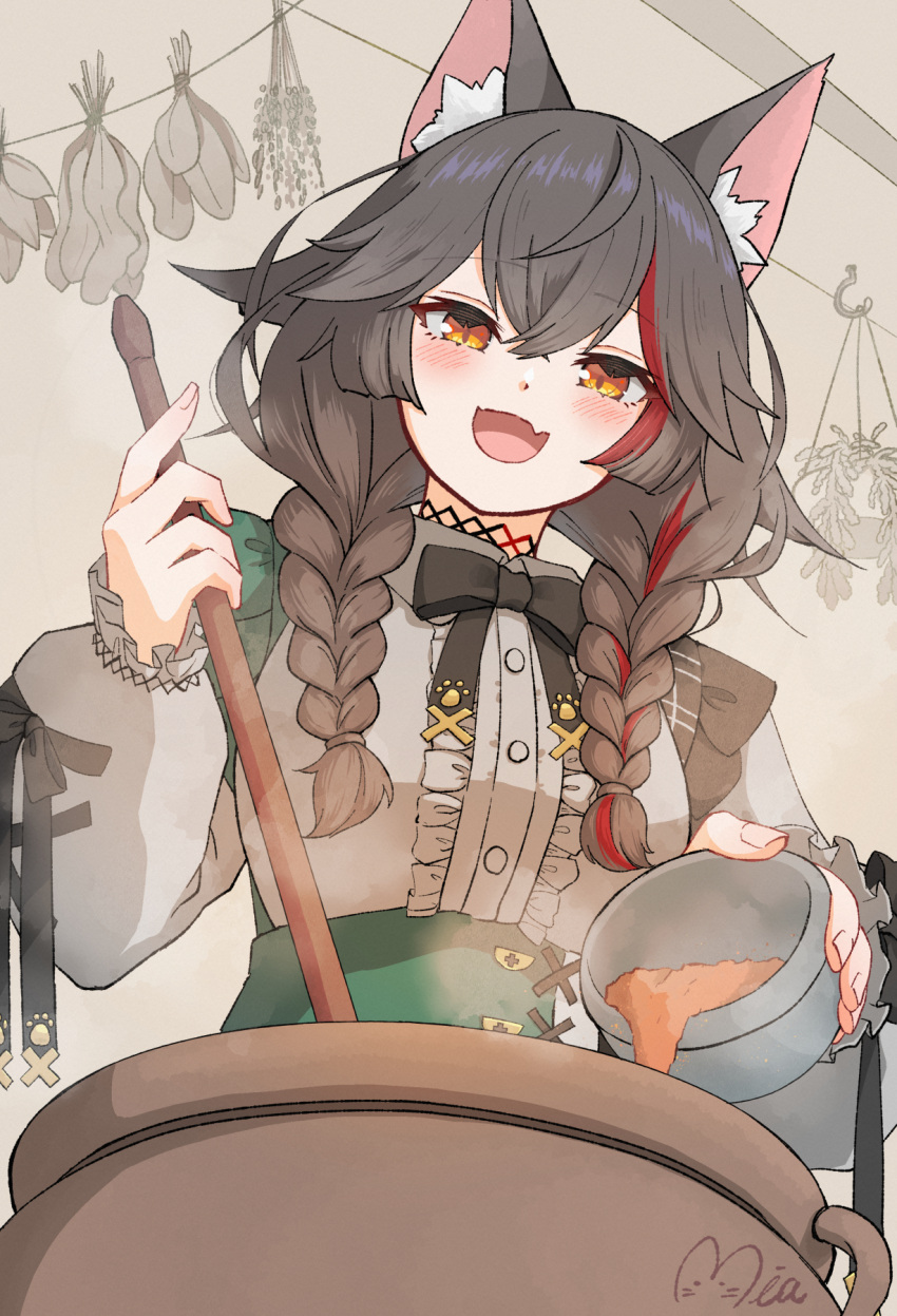 1girl, animal_ear_fluff, animal_ears, black_bow, black_bowtie, black_hair, black_ribbon, blush