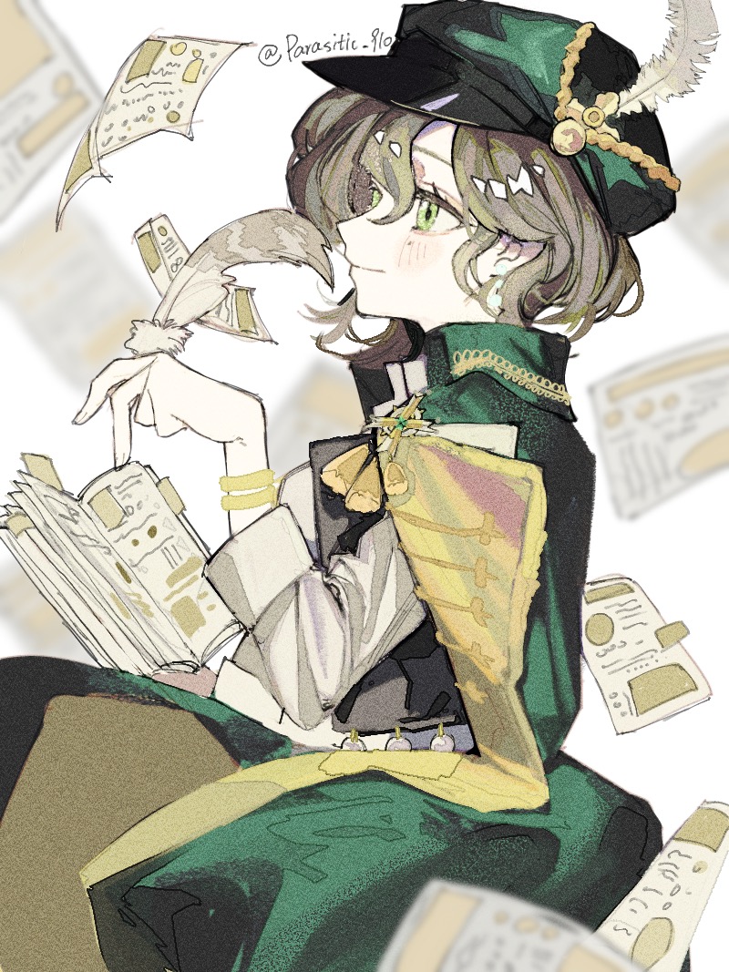 1girl, brown_hair, cabbie_hat, cape, film_grain, flying_paper, from_side, green_cape