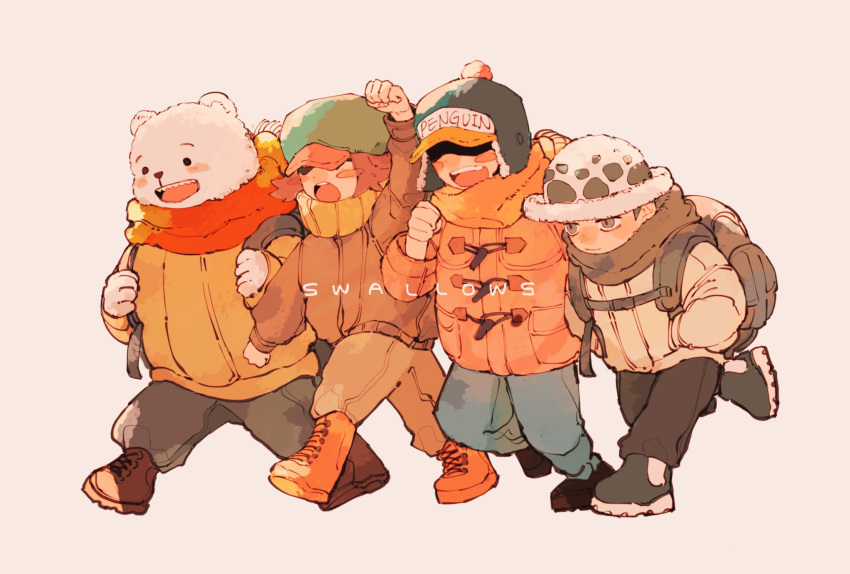 4boys, aged_down, akuta_ji, arm_up, bag, bear, bepo, blush