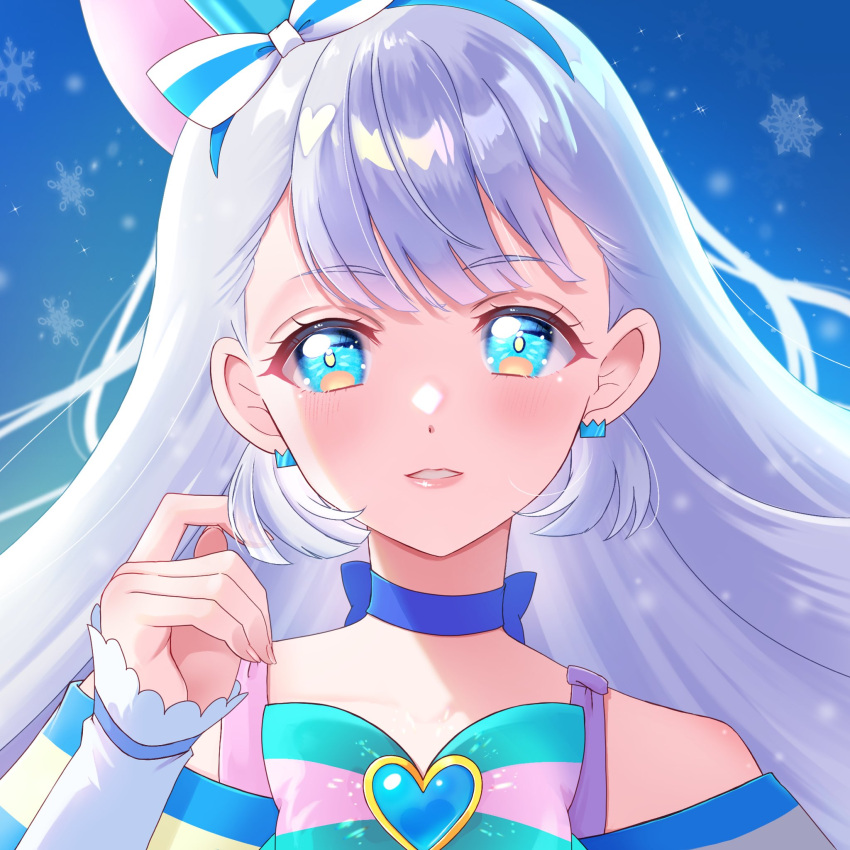 blue_background, blue_choker, blue_crown, blue_eyes, blue_hairband, bow, brooch, choker