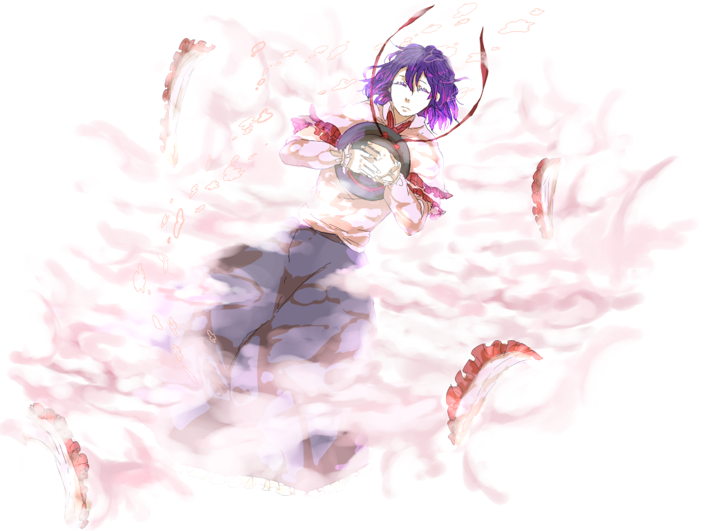 closed_eyes, hat, hat_removed, headwear_removed, nagae_iku, purple_hair, short_hair, solo, tiha_(ama), touhou