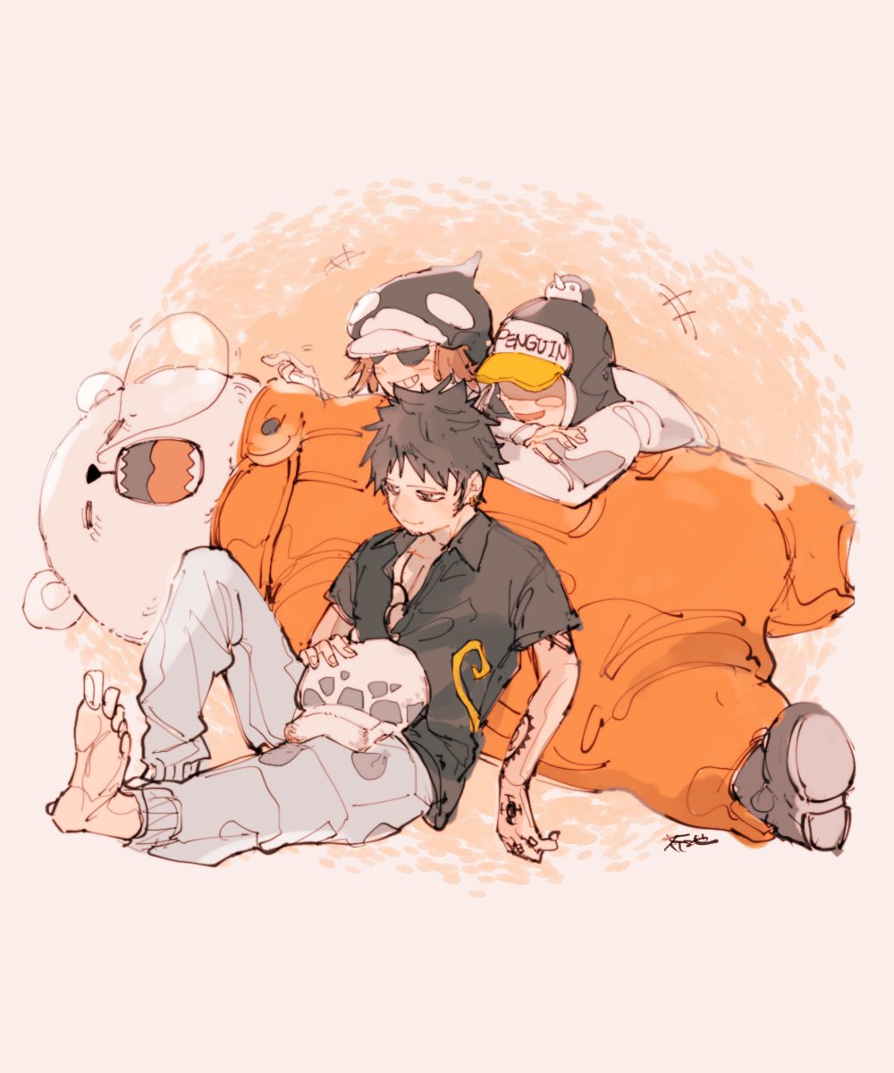 +++, 4boys, akuta_ji, bear, bepo, black_hair, black_shirt, commentary_request