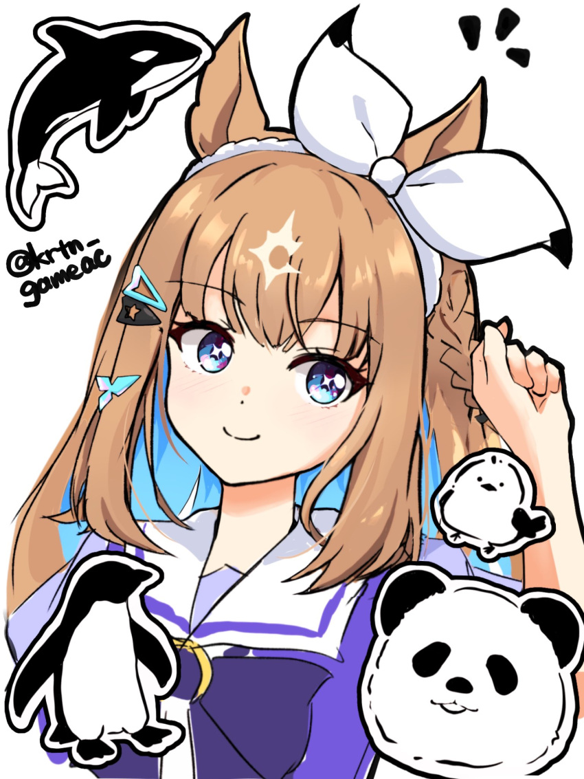 1girl, almond_eye_(racehorse), animal_ears, blue_eyes, blush, braid, brown_hair, commentary_request