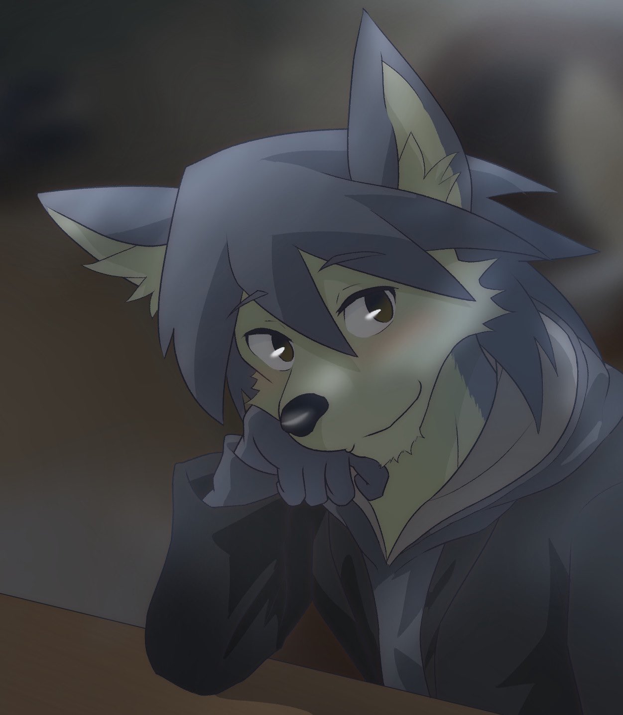 1boy, animal_ear_fluff, animal_ears, black_jacket, blush, commentary_request, dog_boy, dog_ears, dog_nose, furry, furry_male, grey_fur, grey_hair, head_on_hand, highres, hood, hood_down, hooded_jacket, jacket, kouya_aotsuki, looking_at_viewer, male_focus, morenatsu, muk6980