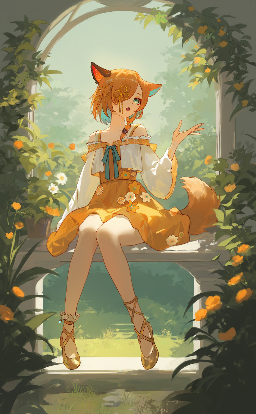 1girl, absurdres, animal_ears, colored_inner_hair, commission, dog_ears, dog_tail, dress, flat_chest, flower, hair_over_one_eye, haku_yuan, hand_up, highres, miyoshino_shiki, multicolored_hair, off-shoulder_dress, off_shoulder, open_mouth, orange_dress, orange_hair, prism_project, second-party_source, short_hair, sitting, solo, tail, virtual_youtuber, yellow_dress