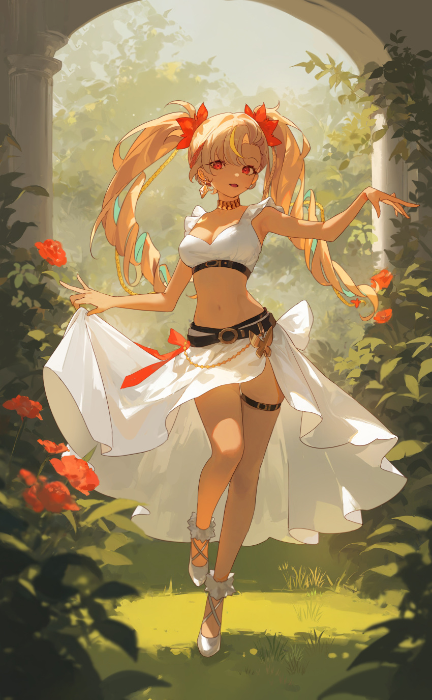 1girl, absurdres, aqua_hair, blonde_hair, breasts, colored_inner_hair, commission, dappled_sunlight