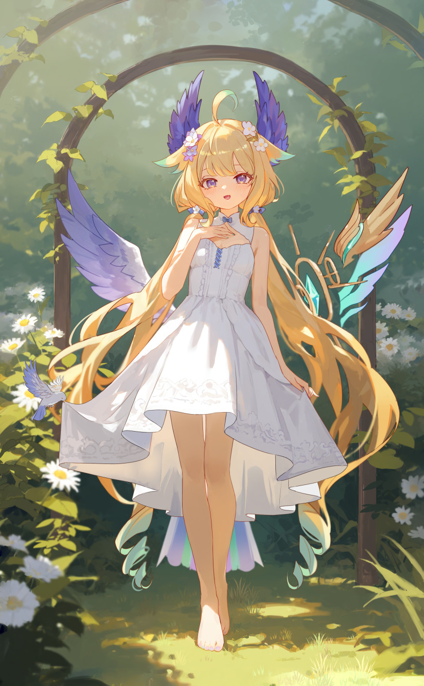 1girl, :d, absurdres, ahoge, barefoot, bird, bird_tail, blonde_hair, blush, breasts, cleavage_cutout, clothing_cutout, dappled_sunlight, dress, enna_alouette, flower, hair_flower, hair_ornament, haku_yuan, hand_on_own_chest, head_wings, highres, looking_at_viewer, low_twintails, nijisanji, nijisanji_en, open_mouth, skirt_hold, small_breasts, smile, solo, sunlight, tail, twintails, violet_eyes, virtual_youtuber, white_dress, wings