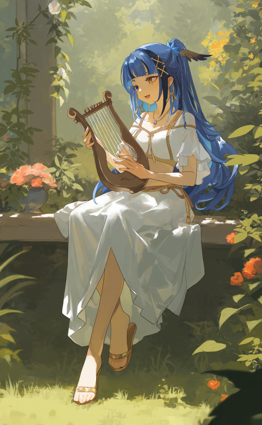 1girl, absurdres, blue_eyes, blue_hair, blunt_bangs, breasts, commission, dappled_sunlight, dress, haku_yuan, high_ponytail, highres, holding, holding_instrument, holding_lyre, indie_virtual_youtuber, instrument, isaa_corva, long_hair, lyre, medium_breasts, midriff, mole, mole_under_eye, on_bench, ponytail, sandals, second-party_source, sitting, solo, sunlight, virtual_youtuber, white_dress, yellow_eyes