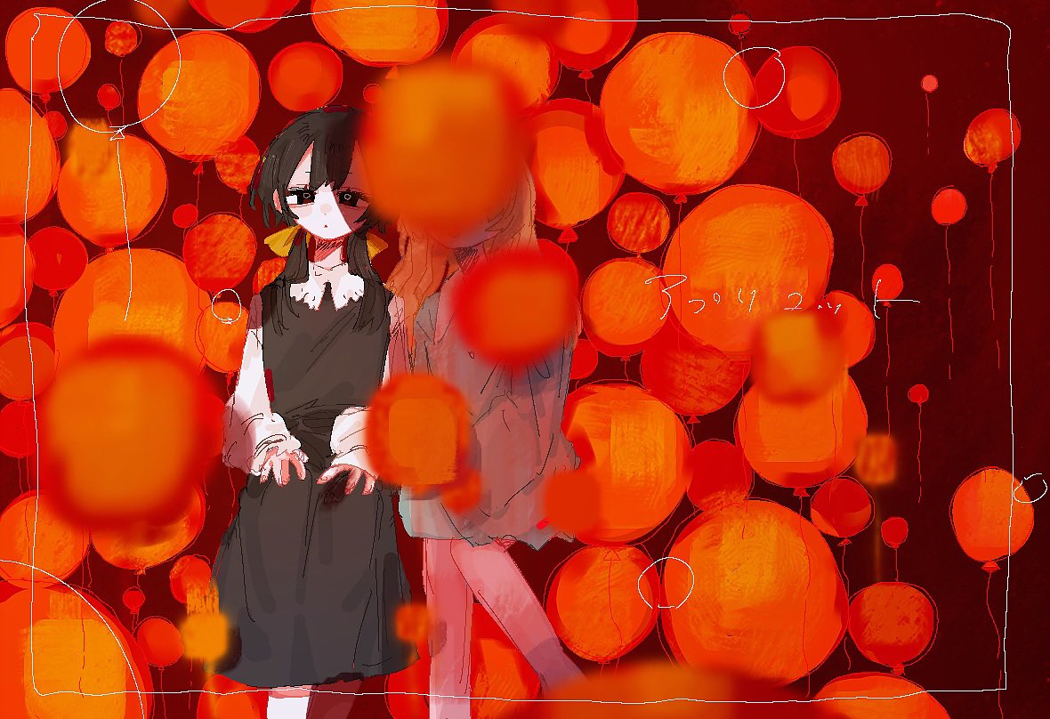 2girls, apricot_(vocaloid), balloon, bi_(nekoinuhotdog), black_dress, black_eyes, black_hair, blonde_hair