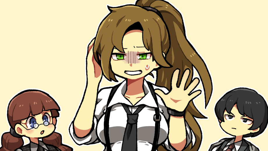 1boy, 2girls, black_hair, black_necktie, black_vest, brown_hair, collared_shirt, dress_shirt