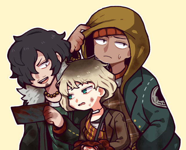 1girl, 2boys, bead_necklace, beads, beanie, black_hair, blonde_hair, blood
