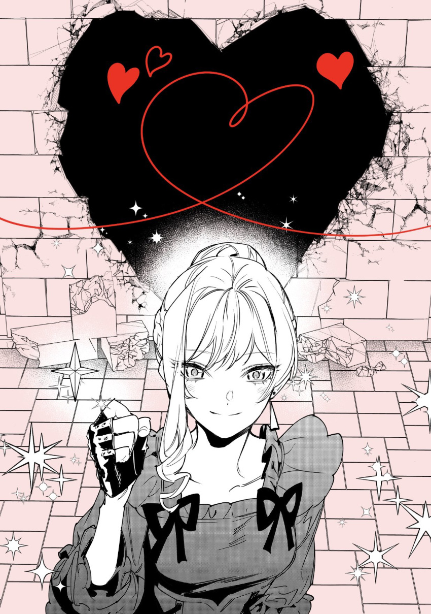 1girl, broken_wall, clenched_hand, dress, earrings, fingerless_gloves, gloves, heart