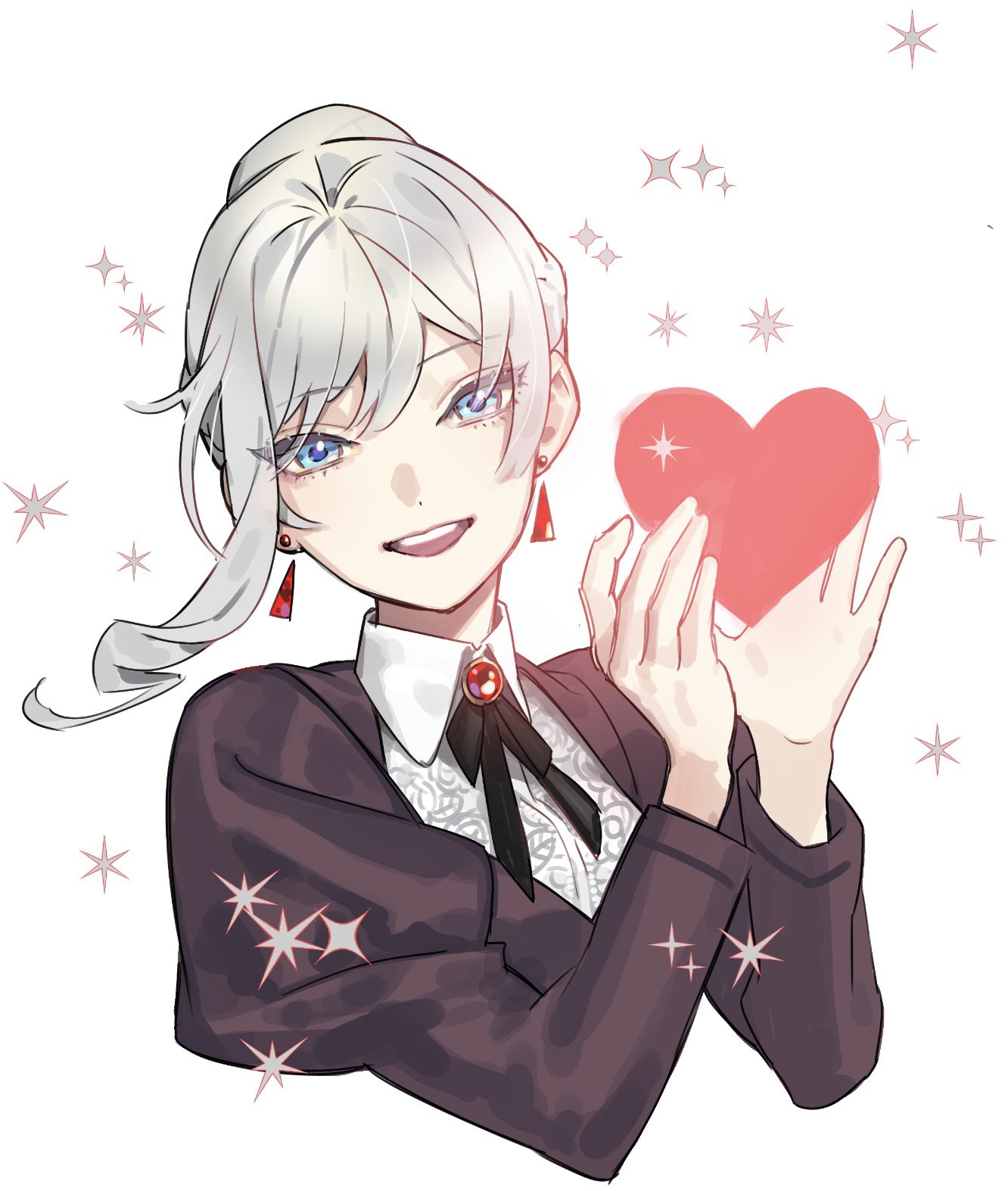 1girl, blue_eyes, earrings, grey_hair, heart, highres, jewelry, parted_lips, saigo_ni_hitotsu_dake_onegai_shite_mo_yoroshii_deshou_ka, scarlet_el_vandimion, shirt, simple_background, solo, teeth, troly_haluo, upper_body, upper_teeth_only, white_background, white_shirt