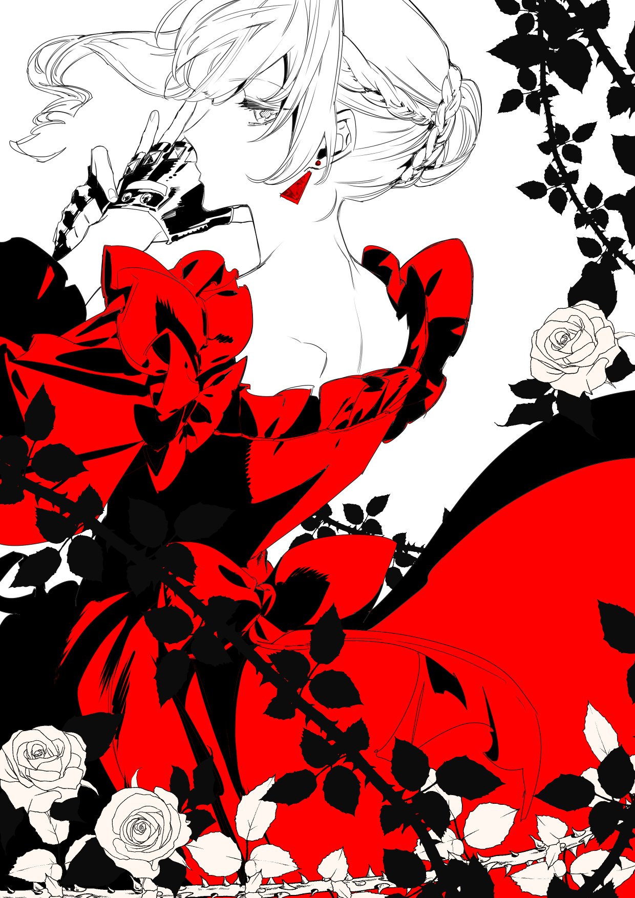 1girl, cowboy_shot, dress, fingerless_gloves, flower, from_behind, gloves, highres