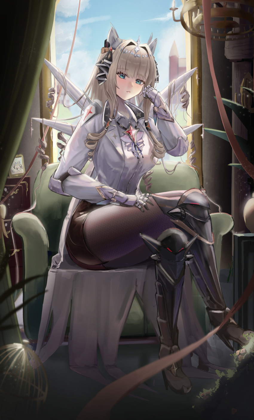 1girl, blonde_hair, blue_eyes, blush, breasts, crown_(nikke), drill_hair, goddess_of_victory:_nikke, highres, just_tume, large_breasts, long_hair, long_sleeves, looking_at_viewer, shirt, smile, solo, very_long_hair, white_shirt