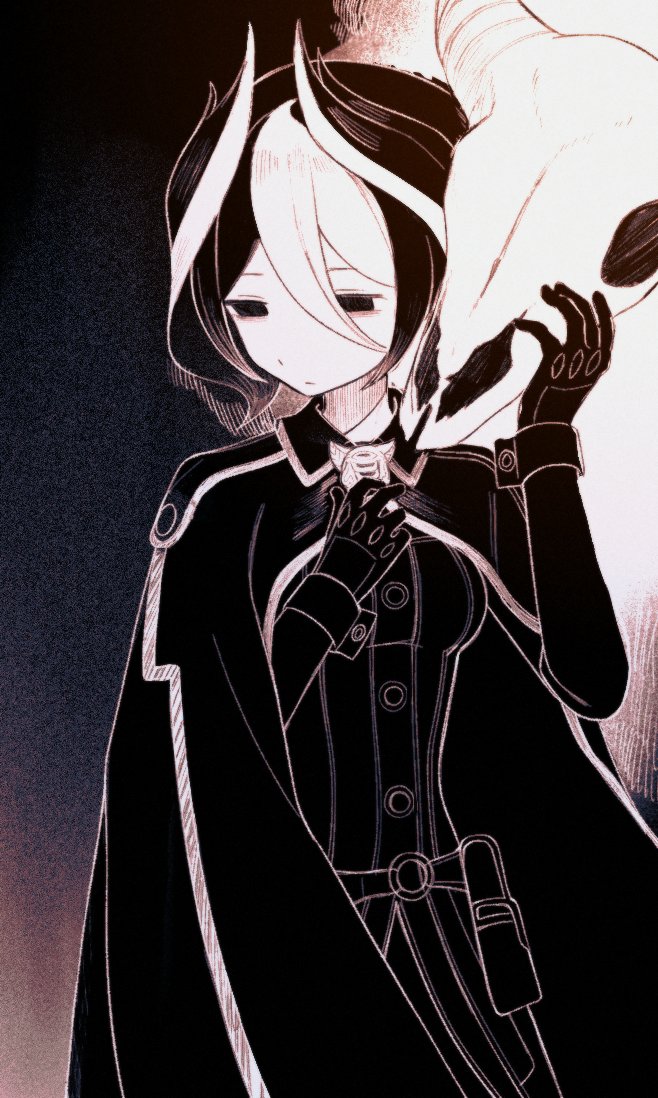 1girl, animal_skull, breasts, cape, collared_cape, commentary_request, expressionless, gloves