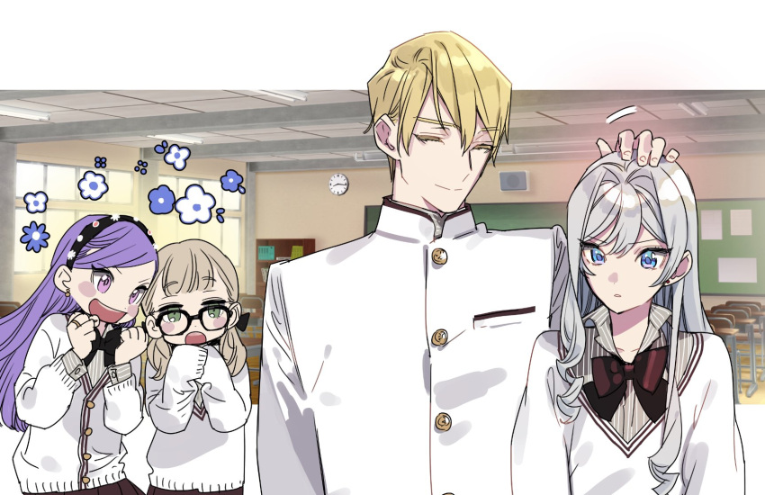 1boy, 3girls, alternate_universe, blonde_hair, blue_eyes, blush_stickers, classroom, ear_piercing, envi_mel_champagne, glasses, grey_hair, group_picture, headpat, highres, indoors, jacket, julius_von_palistan, long_hair, multiple_girls, piercing, purple_hair, rosaria_ley_madeleyne, saigo_ni_hitotsu_dake_onegai_shite_mo_yoroshii_deshou_ka, scarlet_el_vandimion, school_uniform, short_hair, sweater, troly_haluo, upper_body, violet_eyes, white_jacket, white_sweater