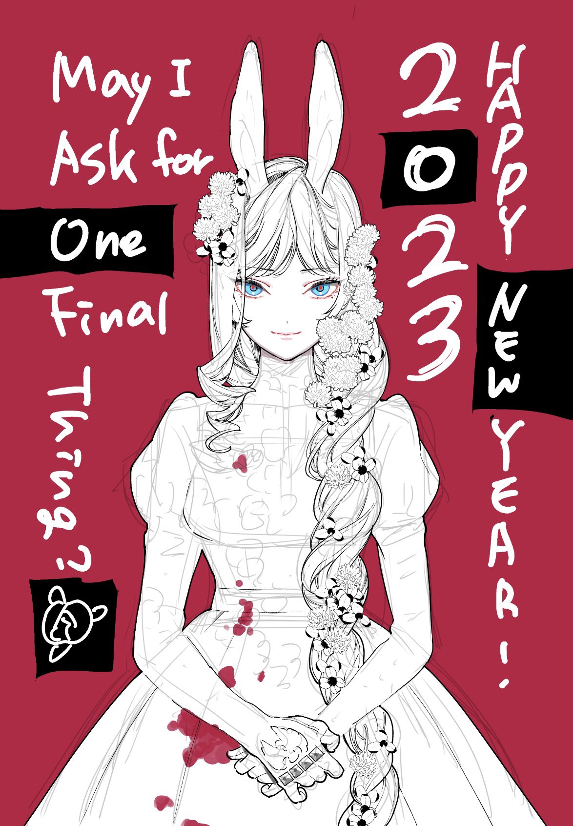 2023, animal_ears, chinese_zodiac, cowboy_shot, dress, english_text, fake_animal_ears, greyscale_with_colored_background