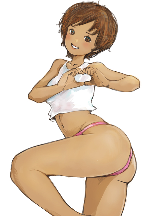 ass, blush, brown_eyes, brown_hair, hands, heart, heart_hands, kazaana