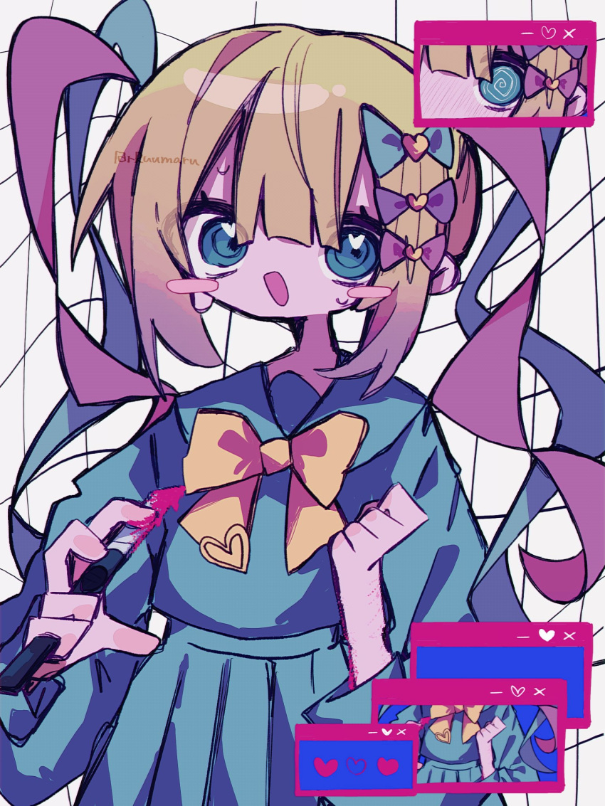 1girl, @_@, blonde_hair, blue_bow, blue_eyes, blue_hair, bow, chouzetsusaikawa_tenshi-chan