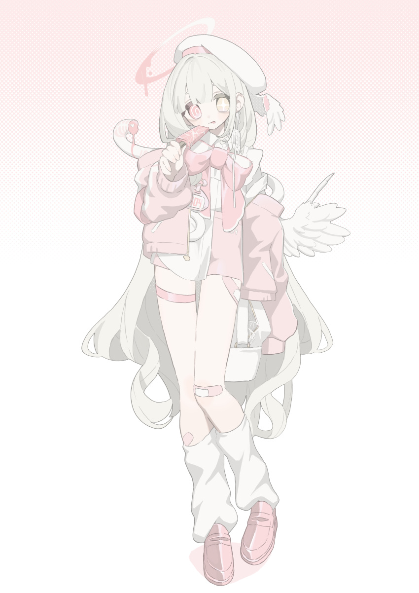 +_+, 1girl, @_@, absurdres, bandaid, bandaid_on_leg, commentary_request, food