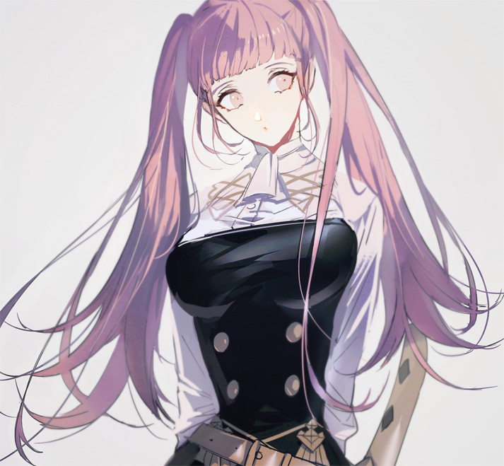 1girl, bad_id, bad_twitter_id, black_dress, blunt_bangs, breasts, dress, fire_emblem, fire_emblem:_three_houses, garreg_mach_monastery_uniform, grey_background, hilda_valentine_goneril, inactive_account, long_hair, long_sleeves, medium_breasts, pink_eyes, pink_hair, simple_background, solo, tsukimura_noe, twintails, upper_body
