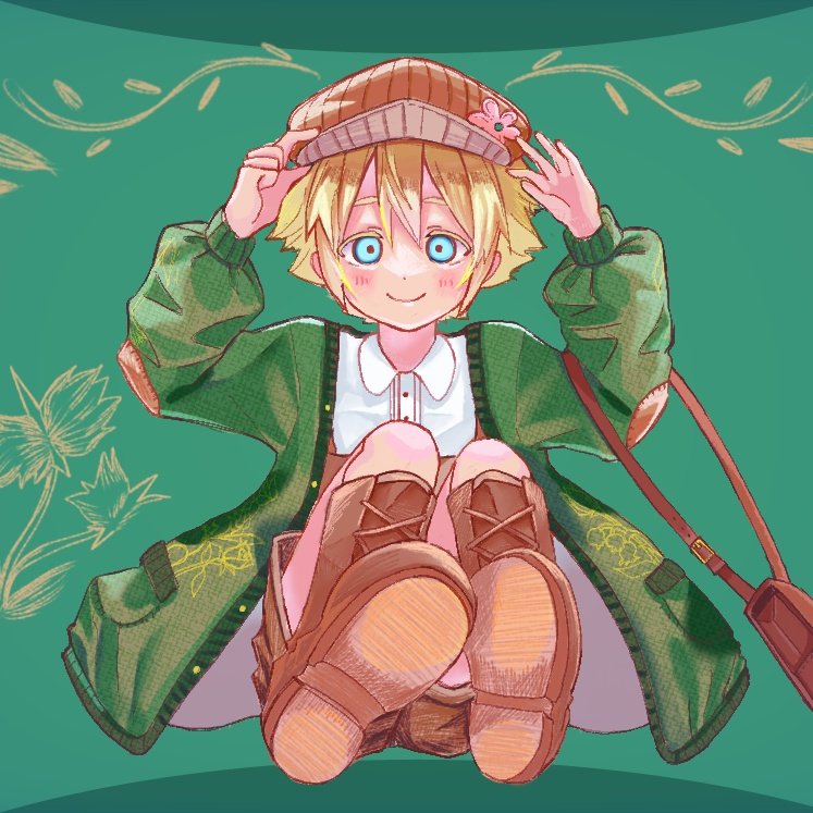 1boy, adjusting_clothes, adjusting_headwear, arms_up, asaoka_born14, basil_(faraway)_(omori), basil_(omori), blonde_hair, blue_eyes, blush, boots, brown_boots, brown_hat, closed_mouth, collared_shirt, green_background, green_sweater, hat, lace-up_boots, long_sleeves, looking_at_viewer, male_focus, official_alternate_costume, omori, shirt, smile, solo, sweater, white_shirt