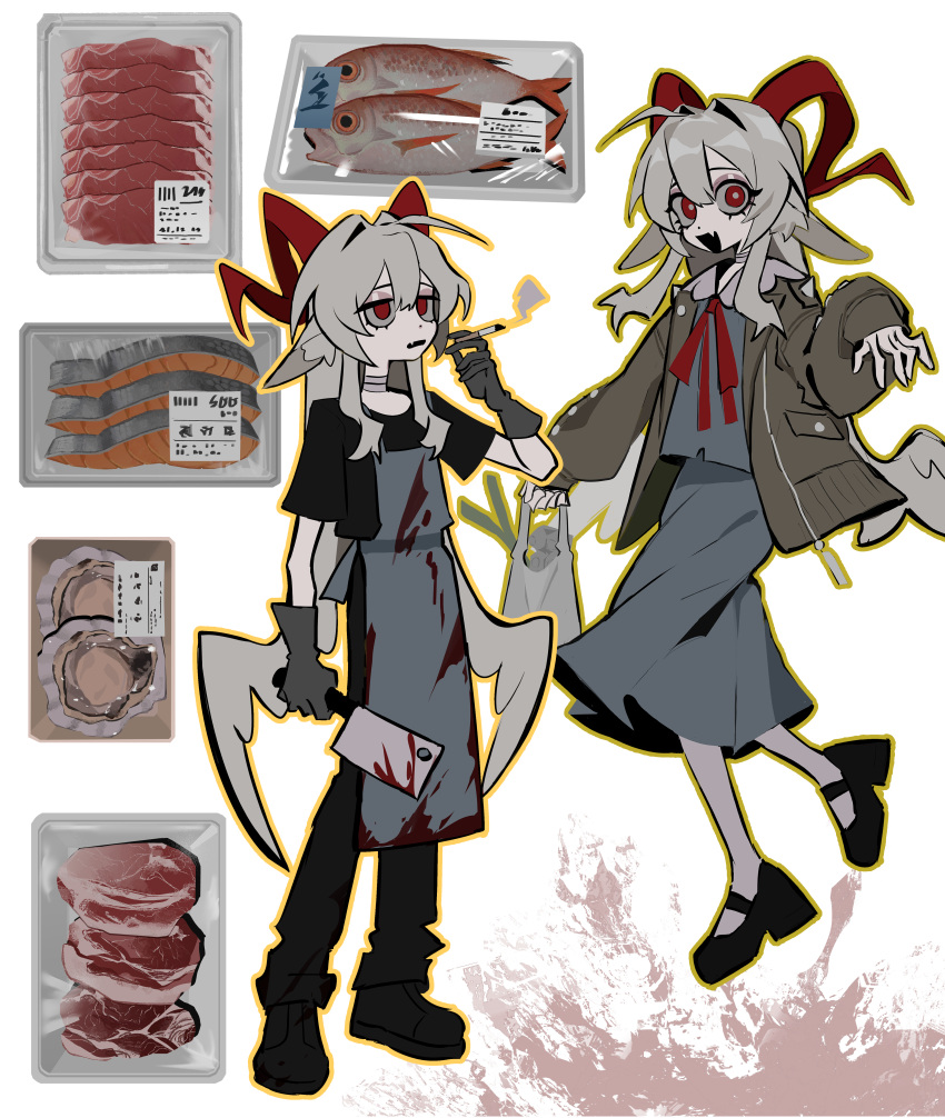 1girl, absurdres, animal_ears, apron, bag, black_shoes, blood, brown_jacket