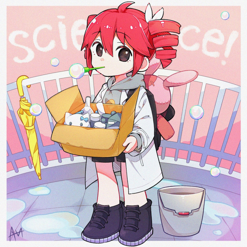 1girl, aged_down, ahoge, alternate_costume, alternate_eye_color, backpack, bag, beaker, black_bag, black_eyes, black_shoes, black_shorts, bottle, bow, box, bubble, bucket, child, coat, drill_hair, full_body, grey_sweater, hair_between_eyes, hair_bow, hello_kitty, highres, hood, hooded_sweater, kasane_teto, kasane_teto_(sv), long_sleeves, measuring_cylinder, railing, red_hair, saiensu_(synthesizer_v), sanrio, sato_(r017xts117), shoes, shorts, solo, stuffed_animal, stuffed_toy, sweater, synthesizer_v, twin_drills, twintails, umbrella, utau, water, white_background, white_bow