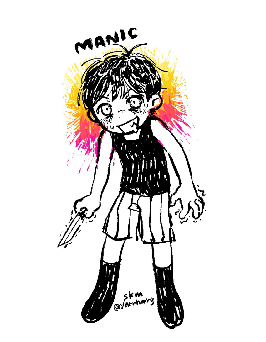 1boy, 4kkrbk, antenna_hair, black_hair, black_socks, black_tank_top, clenched_teeth, colored_skin