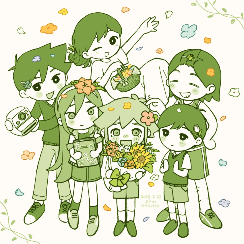 2girls, 4boys, 4kkrbk, alternate_hairstyle, antenna_hair, aubrey_(faraway)_(omori), aubrey_(omori), basil_(faraway)_(omori)
