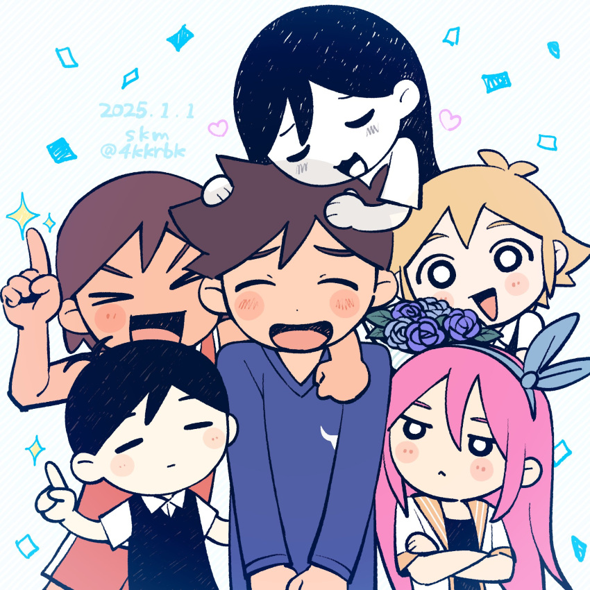 >_<, >o<, 2girls, 4boys, 4kkrbk, :<, alternate_eye_color, antenna_hair