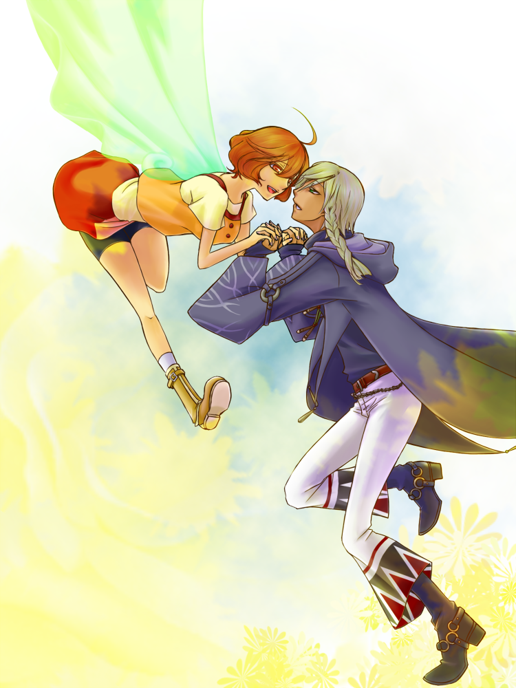 1girl, ahoge, blonde_hair, boots, braid, brown_eyes, brown_hair, couple, frostmoon, gale_(harvest_moon), harvest_moon, harvest_moon_animal_parade, molly_(harvest_moon), single_braid, wings, wizard_(harvest_moon)