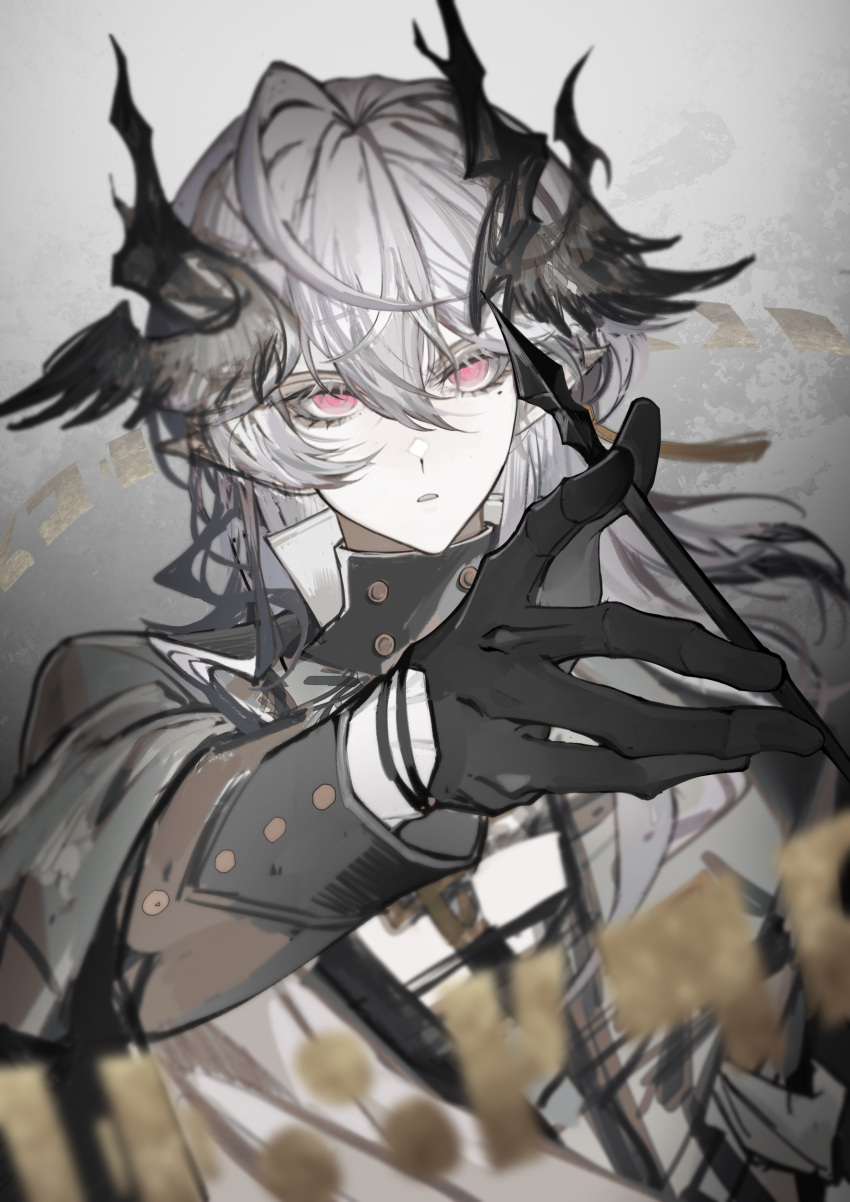 1boy, :o, absurdres, akanui_gurumi, arknights, black_gloves, black_jacket, casting_spell, chinese_commentary, commentary, dutch_angle, gloves, grey_background, grey_hair, hair_between_eyes, head_wings, high_collar, highres, holding, holding_pen, horns, jacket, logos_(arknights), long_hair, male_focus, mole, mole_under_eye, open_mouth, pen, pointy_ears, red_eyes, runes, single_hair_intake, solo, turtleneck, upper_body, wings