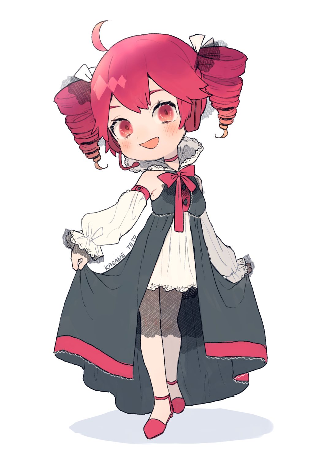 1girl, ahoge, bare_shoulders, black_dress, bow, center_frills, character_name, collarbone