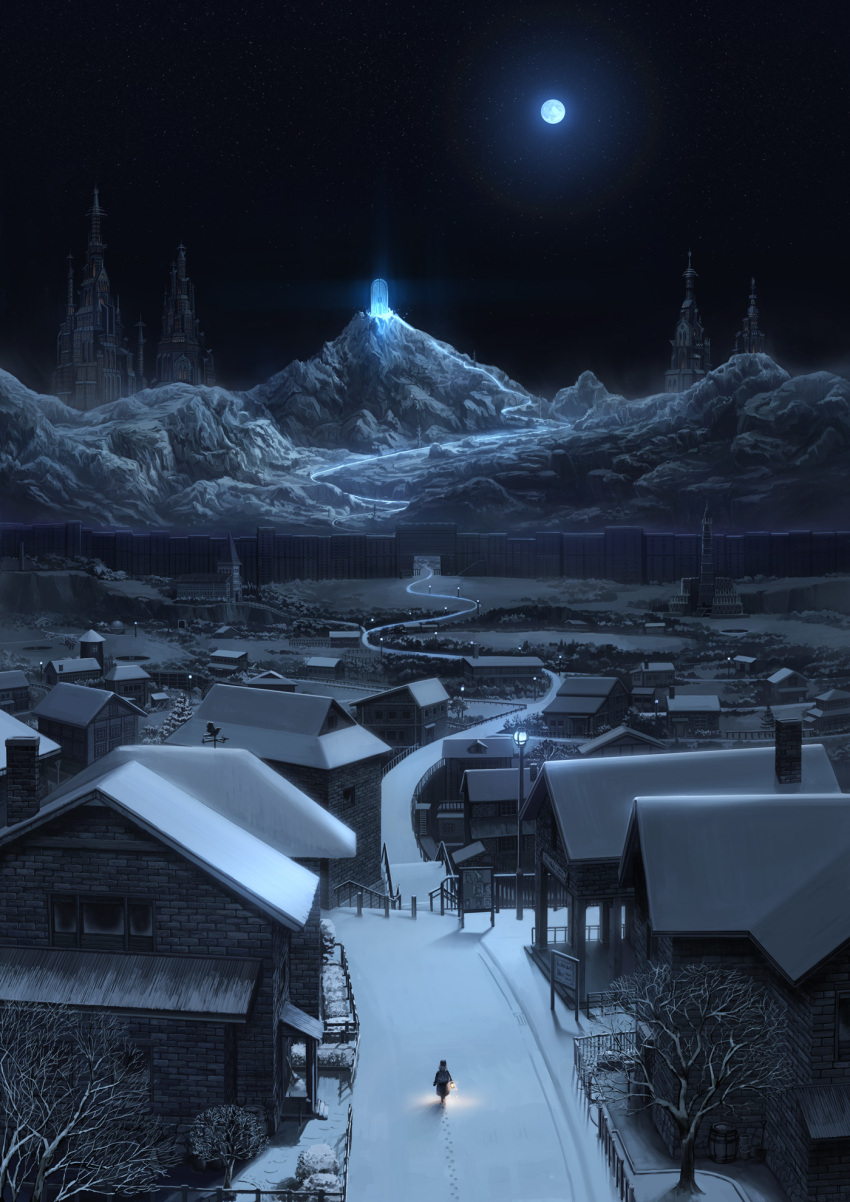 full_moon, gate, highres, lamppost, landscape, lantern, moon, mountain