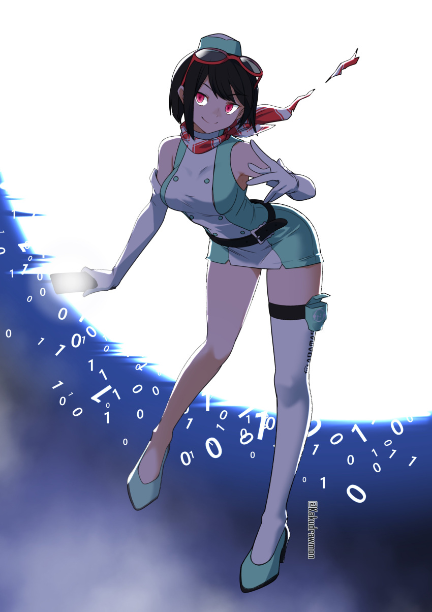 1girl, absurdres, bare_shoulders, black_hair, breasts, brown_eyes, cellphone, digimon, digimon_story:_time_stranger, dress, elbow_gloves, eyewear_on_head, flip_phone, full_body, gloves, glowing, glowing_eyes, green_dress, green_hat, green_high_heels, hat, high_heels, highres, holding, holding_phone, kakudrawmon, large_breasts, phone, player_character_(female)_(digimon_story:_time_stranger), shadow, short_dress, short_hair, simple_background, single_thighhigh, sleeveless, sleeveless_dress, solo, thigh-highs, white_background, white_dress, white_gloves, white_thighhighs
