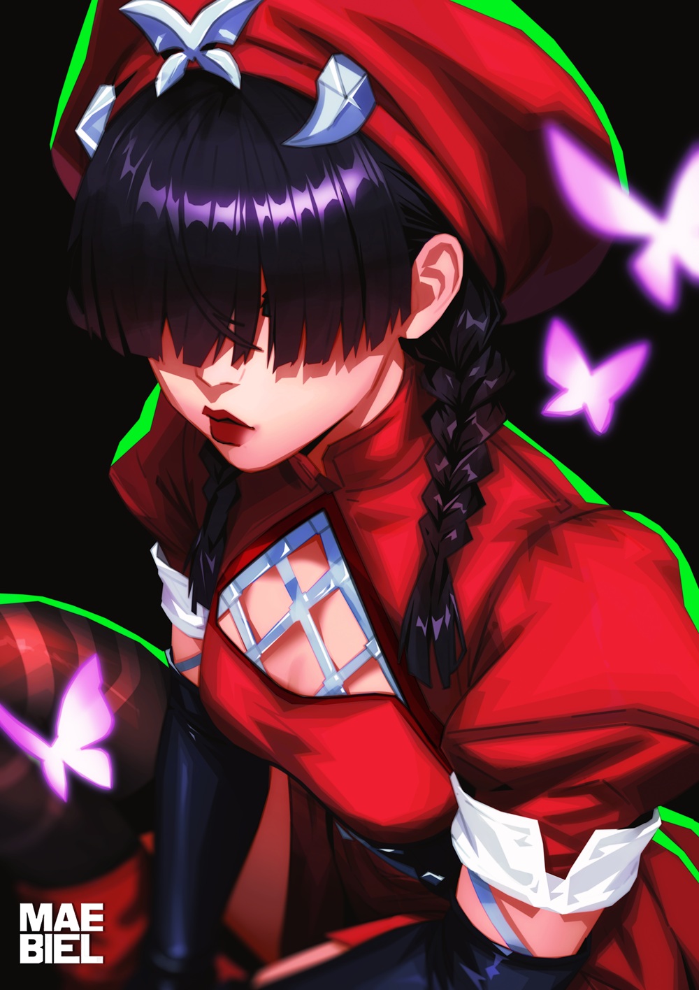 1girl, artist_name, black_gloves, black_thighhighs, braid, bug, butterfly, dress