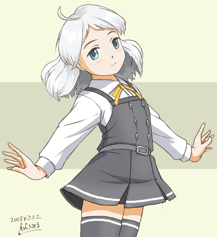 1girl, black_thighhighs, blush, collared_shirt, cowboy_shot, dated, dress, green_background
