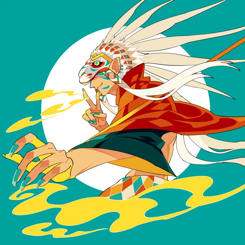 1boy, blonde_hair, chinese_zodiac, crop_top, eda, facepaint, facing_to_the_side, fang