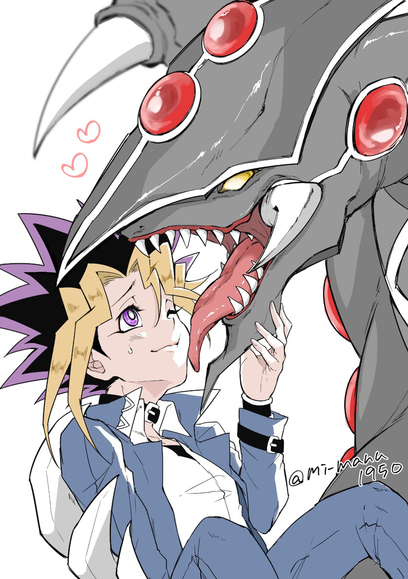1boy, black_choker, blonde_hair, blue_jacket, blue_pants, choker, claws, dragon