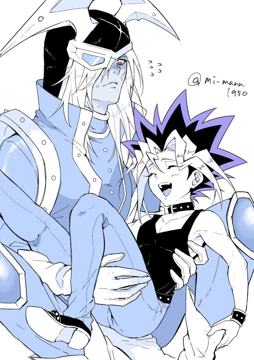 2boys, artist_name, black_choker, black_shirt, black_shoes, blue_pants, carrying, choker