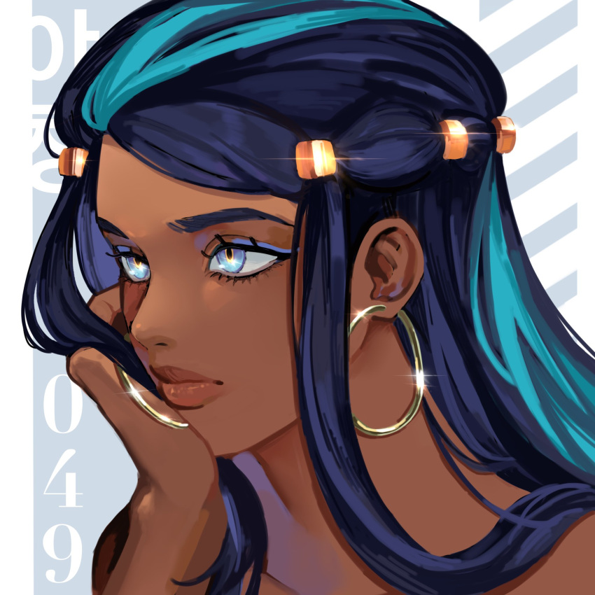 1girl, blue_eyes, blue_eyeshadow, blue_hair, cheek_rest, close-up, closed_mouth, commentary, dark-skinned_female, dark_skin, earrings, eyeshadow, glint, highres, hoop_earrings, jewelry, long_hair, looking_ahead, makeup, nessa_(pokemon), pokemon, pokemon_swsh, ripleytwt, sidelocks, solo