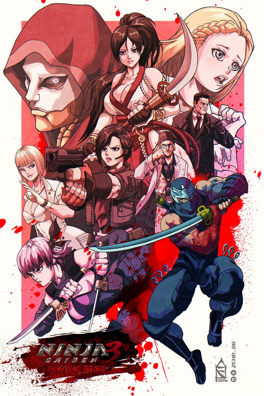 2022, ayane_(doa), bandana, black_bandana, blonde_hair, blood, brown_hair, glasses
