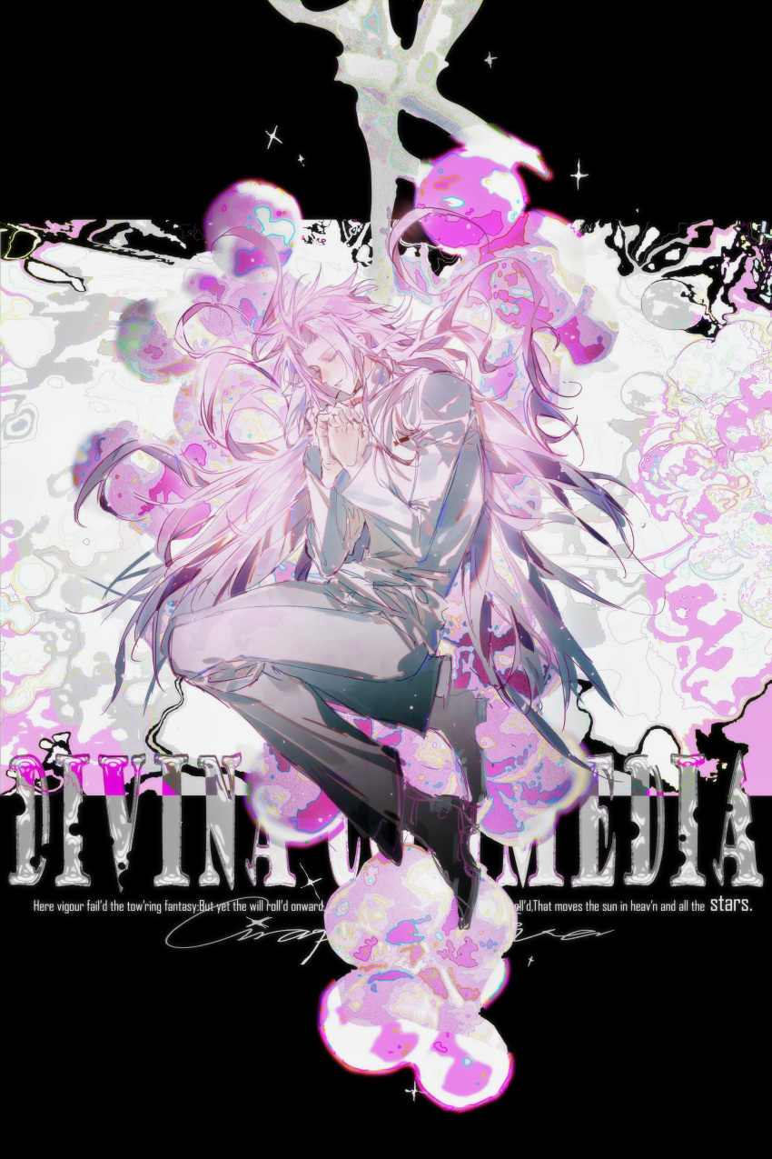 1boy, absurdres, closed_eyes, colored_eyelashes, commentary, curtained_hair, english_text, eyelashes, food, fruit, full_body, grapes, grey_shoes, hatsutori_hajime, highres, light_particles, long_hair, male_focus, own_hands_clasped, own_hands_together, pants, parted_bangs, pink_hair, saibou_shinkyoku, shirt, shoes, solo, source_quote, symbol-only_commentary, the_divine_comedy, very_long_hair, white_pants, white_shirt, yuziwen025