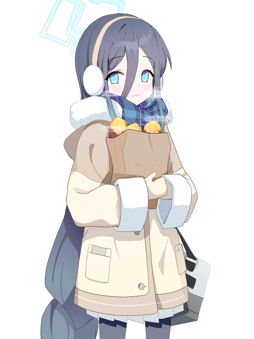 1girl, :3, absurdres, aris_(blue_archive), bag, black_hair, black_pantyhose, blue_archive, blue_eyes, blue_halo, blue_scarf, braid, braided_ponytail, brown_coat, brown_mittens, cardcat_00, closed_mouth, coat, cropped_legs, earmuffs, food, fur-trimmed_coat, fur-trimmed_sleeves, fur_trim, hair_between_eyes, halo, highres, holding, holding_bag, hood, hood_down, hooded_coat, long_hair, long_sleeves, looking_at_viewer, mittens, pantyhose, paper_bag, plaid_clothes, plaid_scarf, pleated_skirt, roasted_sweet_potato, scarf, simple_background, skirt, smile, solo, sweet_potato, very_long_hair, wavy_mouth, white_background, white_skirt, wide_sleeves