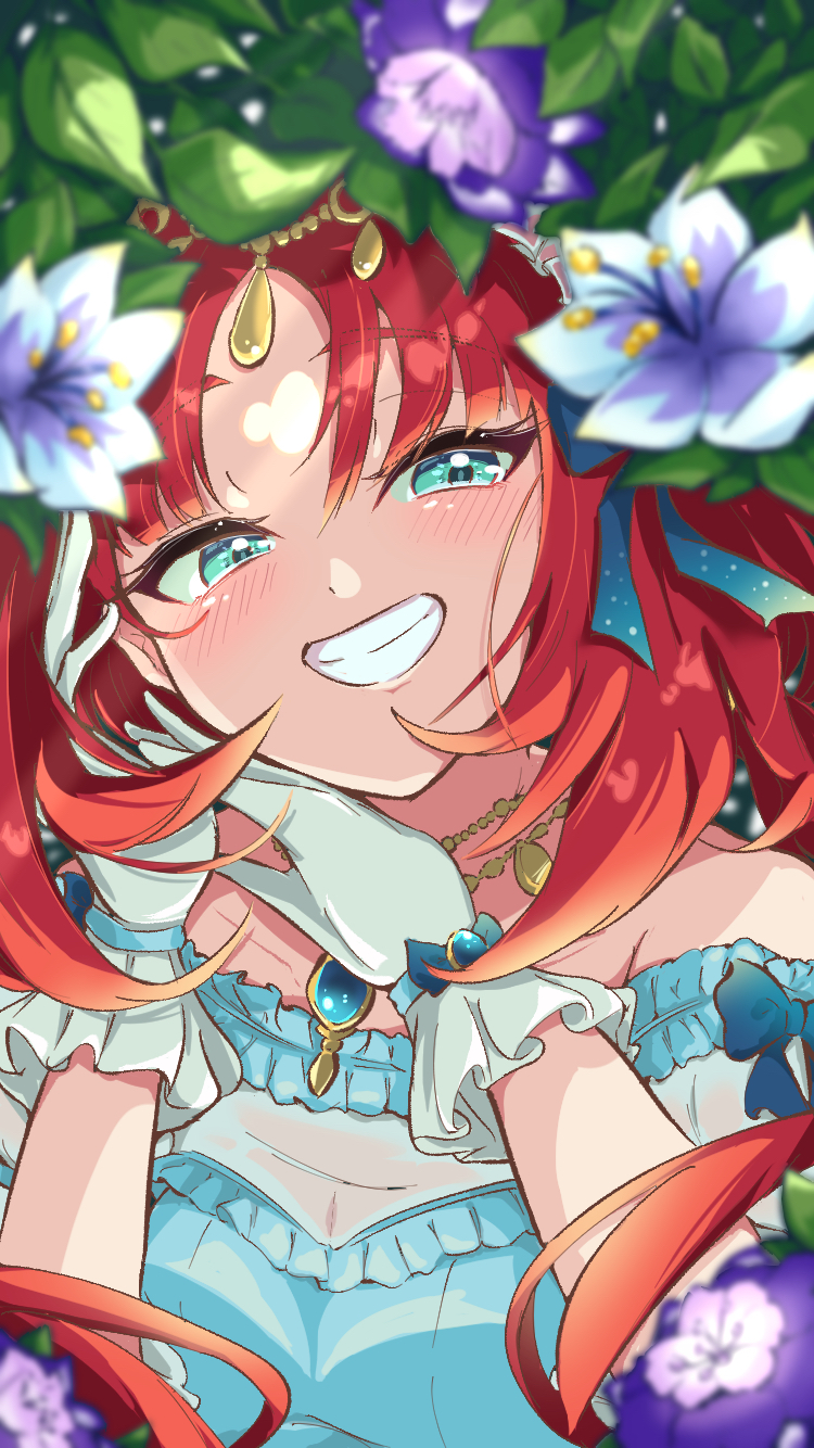 1girl, aqua_eyes, bare_shoulders, blue_brooch, blue_dress, blurry, blurry_foreground, brooch